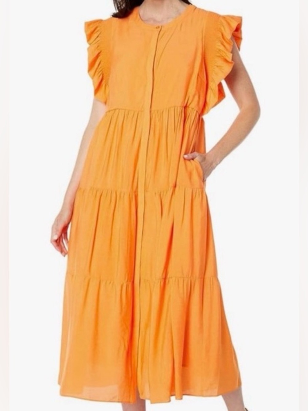 English Factory Bright Orange Ruffle Sleeve Tiered Midi Dress